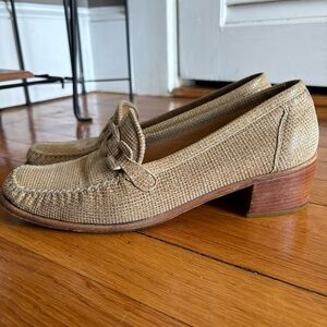 Stuart Weitzman Natural Beige Textured Loafers with Low Block Heel